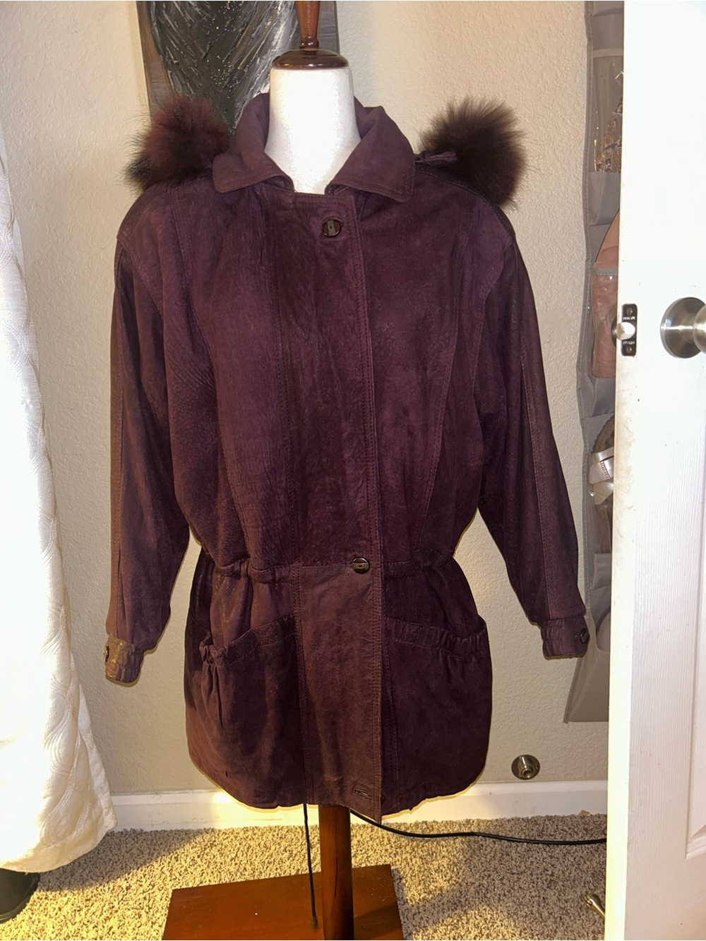 Vintage Genuine Suede Oversized Parka Coat in Deep Purple Plum